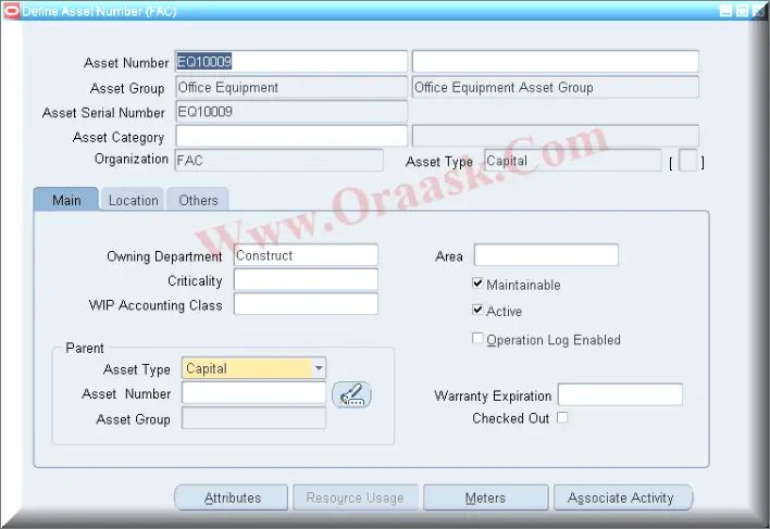 Oracle Define Asset Number - EAM - after