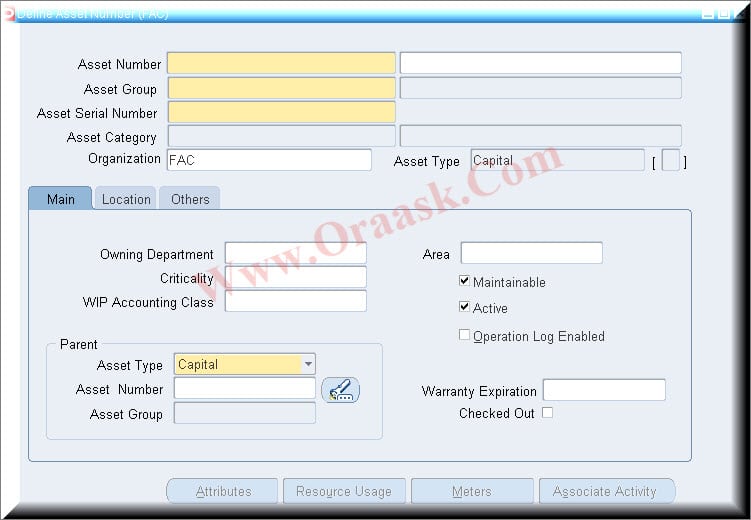 Oracle Define Asset Number - EAM - before