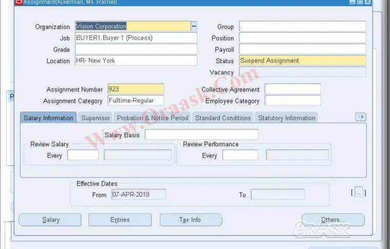 API to suspend assignment in oracle HRMS