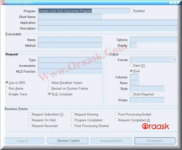 oracle concurrent program screen after perform our action