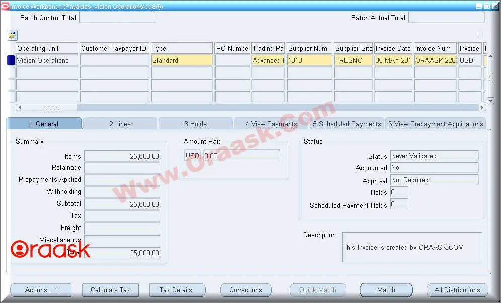 Create AP Invoice using AP open interface in oracle apps R12 - Result