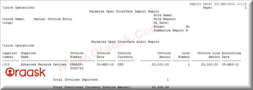 Create AP Invoice using AP open interface in oracle apps R12 - concurrent output