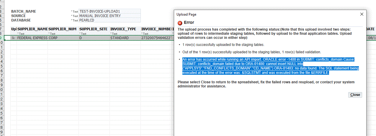 Error -1400 in SUBMIT : conflicts_domain Cause when using Web ADI Importer 2