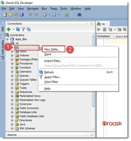 Create Table with Foreign Key using Oracle SQL Developer Step1