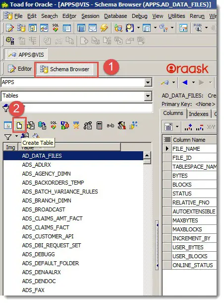 Create Tables with Foreign Keys using TOAD Step2